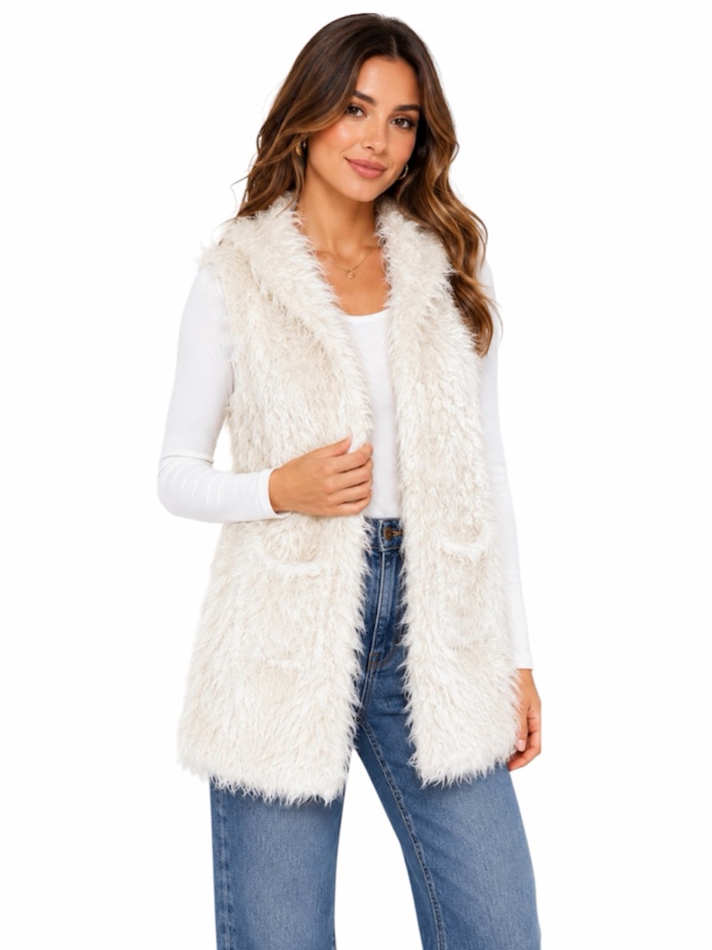 🦋Ashley by 26 International Ivory Faux Fur Long Vest Size Large